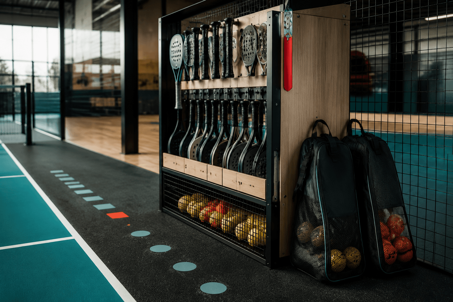 Indoor court-side racket rack with ball basket, kit bags and rubber-floor markings, generated with AI-generated preview